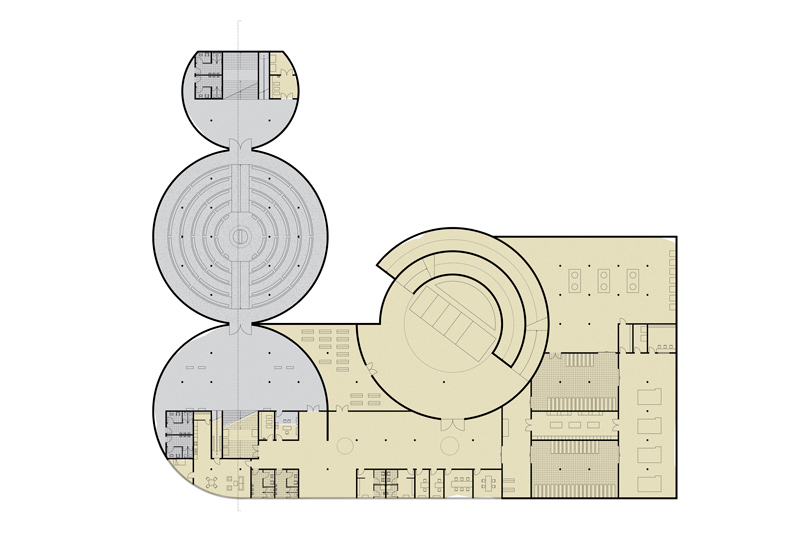Functions of space. Gray for visitors and beige for the people working at the crematorium.